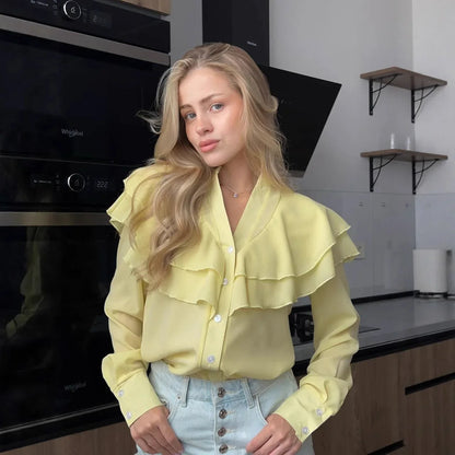 Casual Lotus Leaf V-neck Chiffon Women Temperament Shirt - Gizmo Galaxy