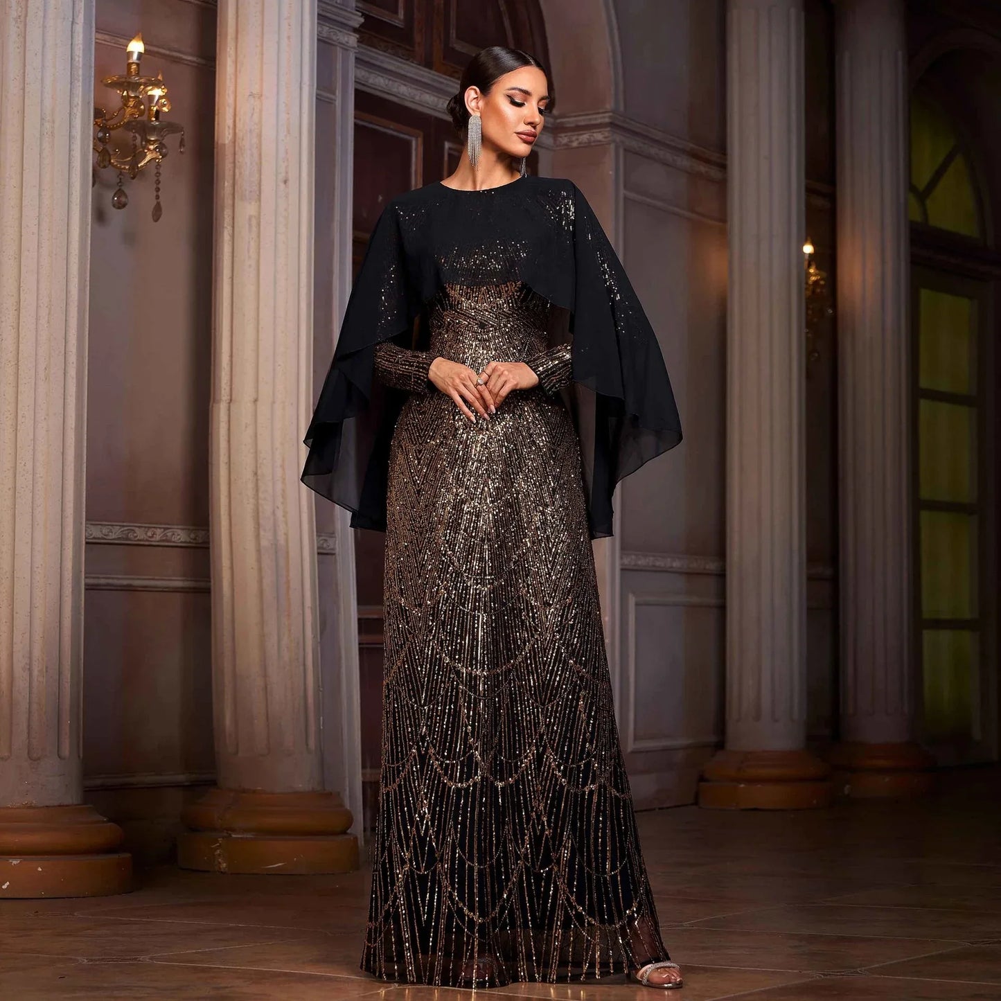 Elegant Long Sleeve Round Neck Shawl Banquet Sequined A- Line Evening Dress - Gizmo Galaxy