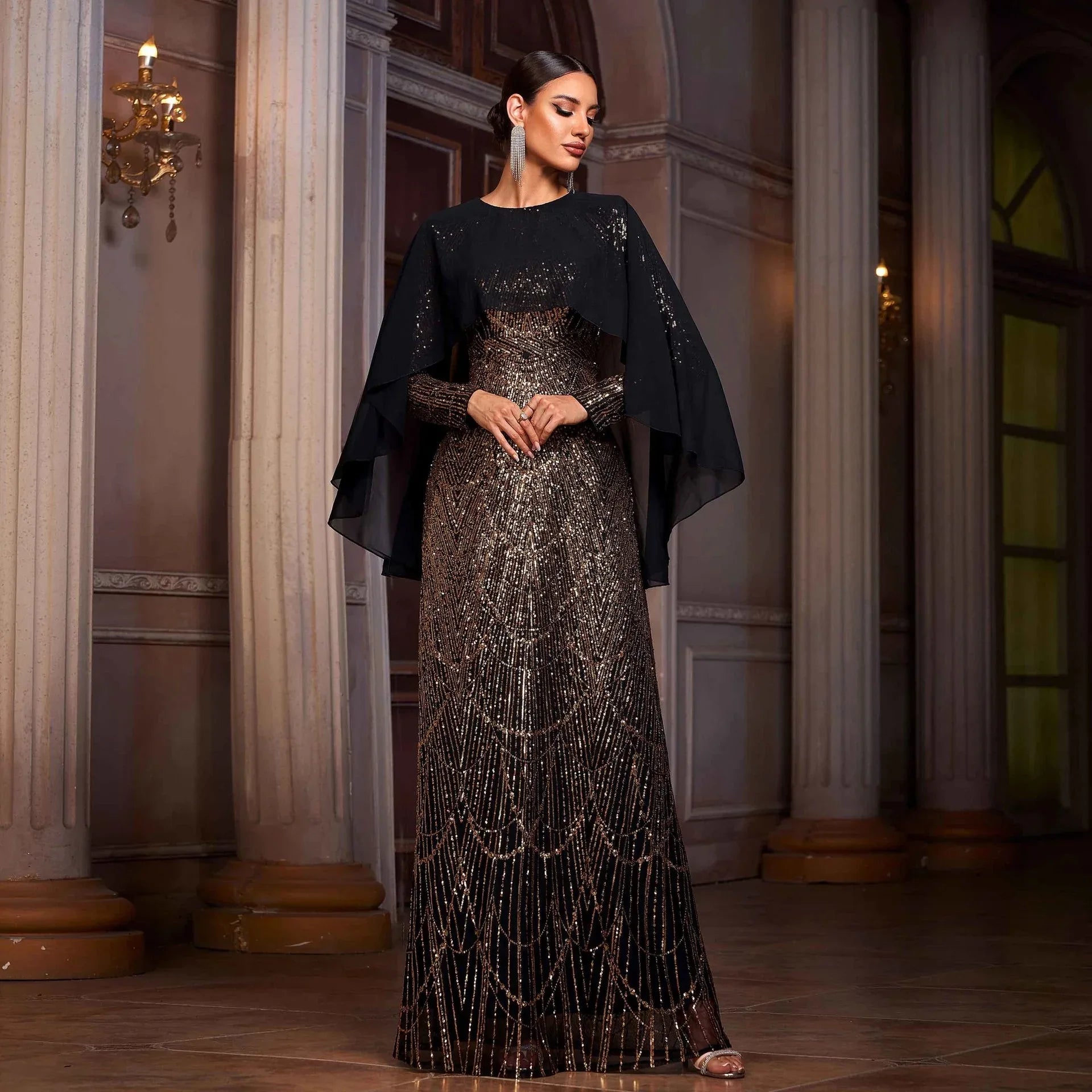 Elegant Long Sleeve Round Neck Shawl Banquet Sequined A- Line Evening Dress - Gizmo Galaxy