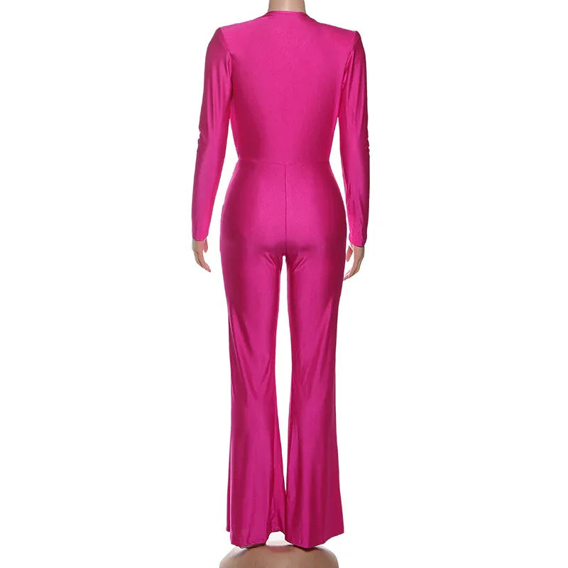 New Women's Fashion Sexy Deep V Long Sleeve Slim Fit Flared Jumpsuit - Gizmo Galaxy