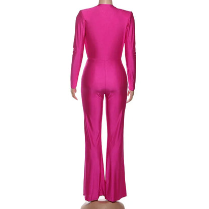 New Women's Fashion Sexy Deep V Long Sleeve Slim Fit Flared Jumpsuit - Gizmo Galaxy