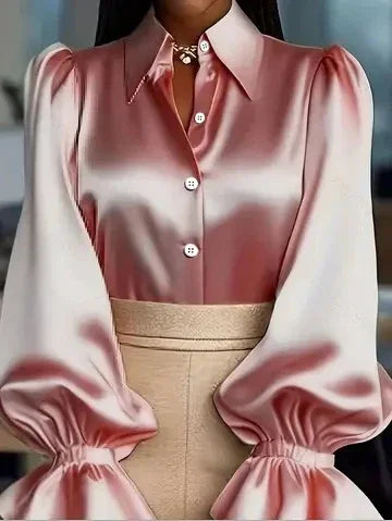 New Stylish Solid-colored Bubble Sleeve Long-sleeve Lapel Satin Shirt For Commuting - Gizmo Galaxy