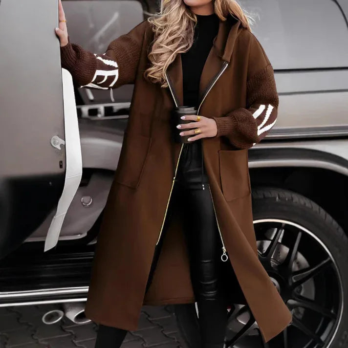 Hooded Windbreaker Long Jacket With Pockets And Drawstring Design Solid Color Knit-Sleeved Trench Coat For Women Clothing Fall Winter - Gizmo Galaxy