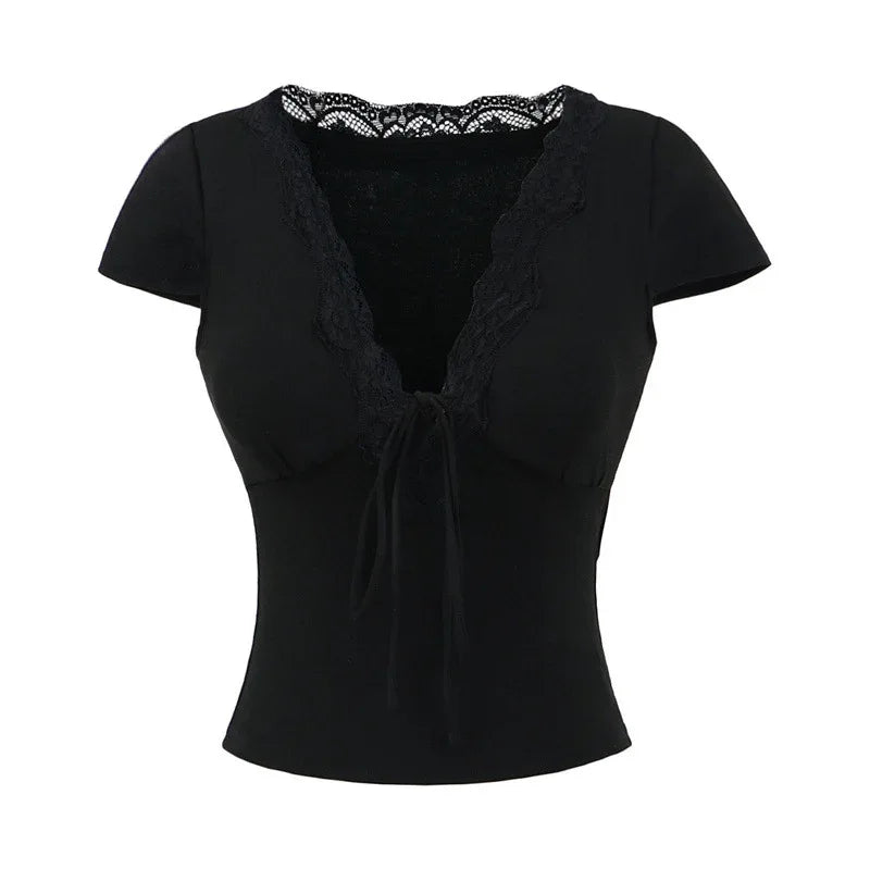 European And American Style Slim Chest Pad Lace V-neck Short Sleeve - Gizmo Galaxy