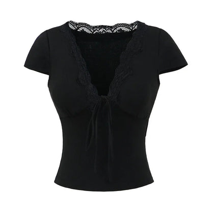 European And American Style Slim Chest Pad Lace V-neck Short Sleeve - Gizmo Galaxy
