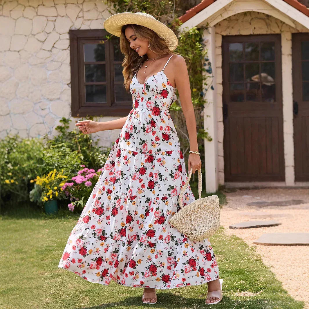 Women's V-neck Slip Dress With Bow And Floral Print - Gizmo Galaxy