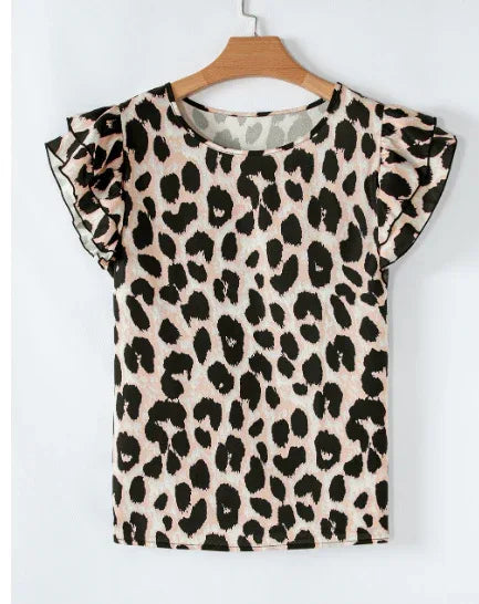 Khaki Leopard Print Layered Ruffled Short Sleeve Blouse - Gizmo Galaxy