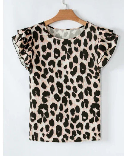 Khaki Leopard Print Layered Ruffled Short Sleeve Blouse - Gizmo Galaxy