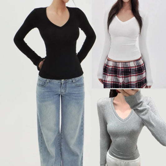 American Hot Girl Delicate V-neck Shoulder Long Sleeve T-shirt - Gizmo Galaxy