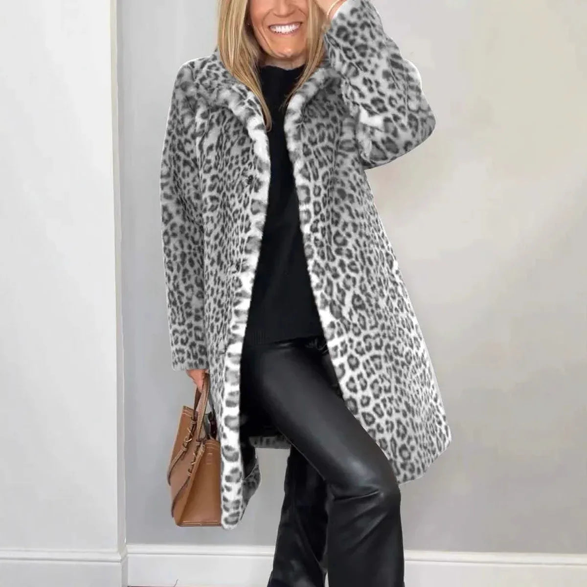 Fall Winter Leopard Print Plush Mid-length Coat - Gizmo Galaxy