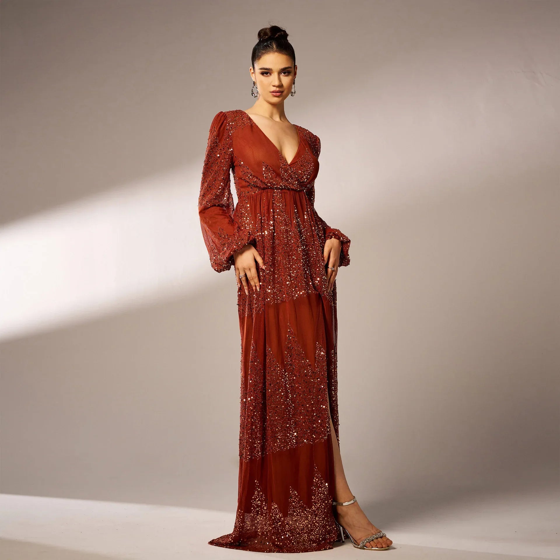 Long Sleeve V-neck Sexy Long Sequined Evening Dress - Gizmo Galaxy