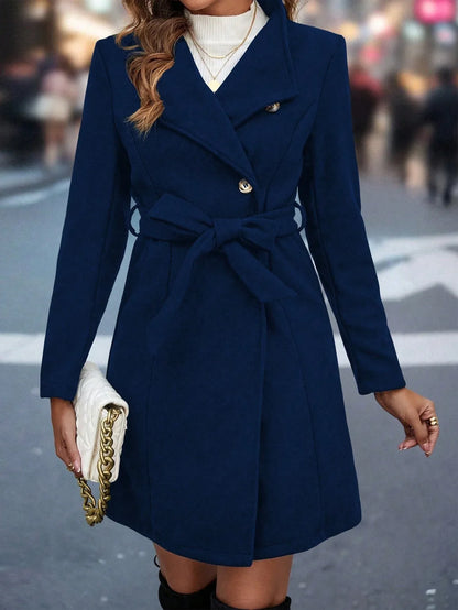 Ladies' Mid-length Solid Color Belt Coat, Casual Commuting Elegant Versatile Autumn And Winter Outerwear, Stand Collar Single-button Long Sleeve Coat. - Gizmo Galaxy