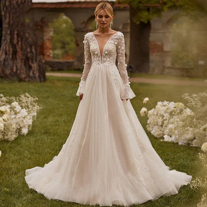 Sexy See-through Wedding Long Sleeve Embroidered Deep V Puffy Wedding Dress - Gizmo Galaxy