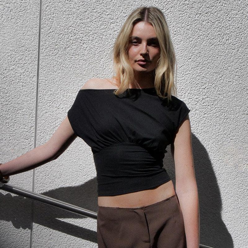Women's Shoulder Diagonal Collar Waist-controlled Top - Gizmo Galaxy