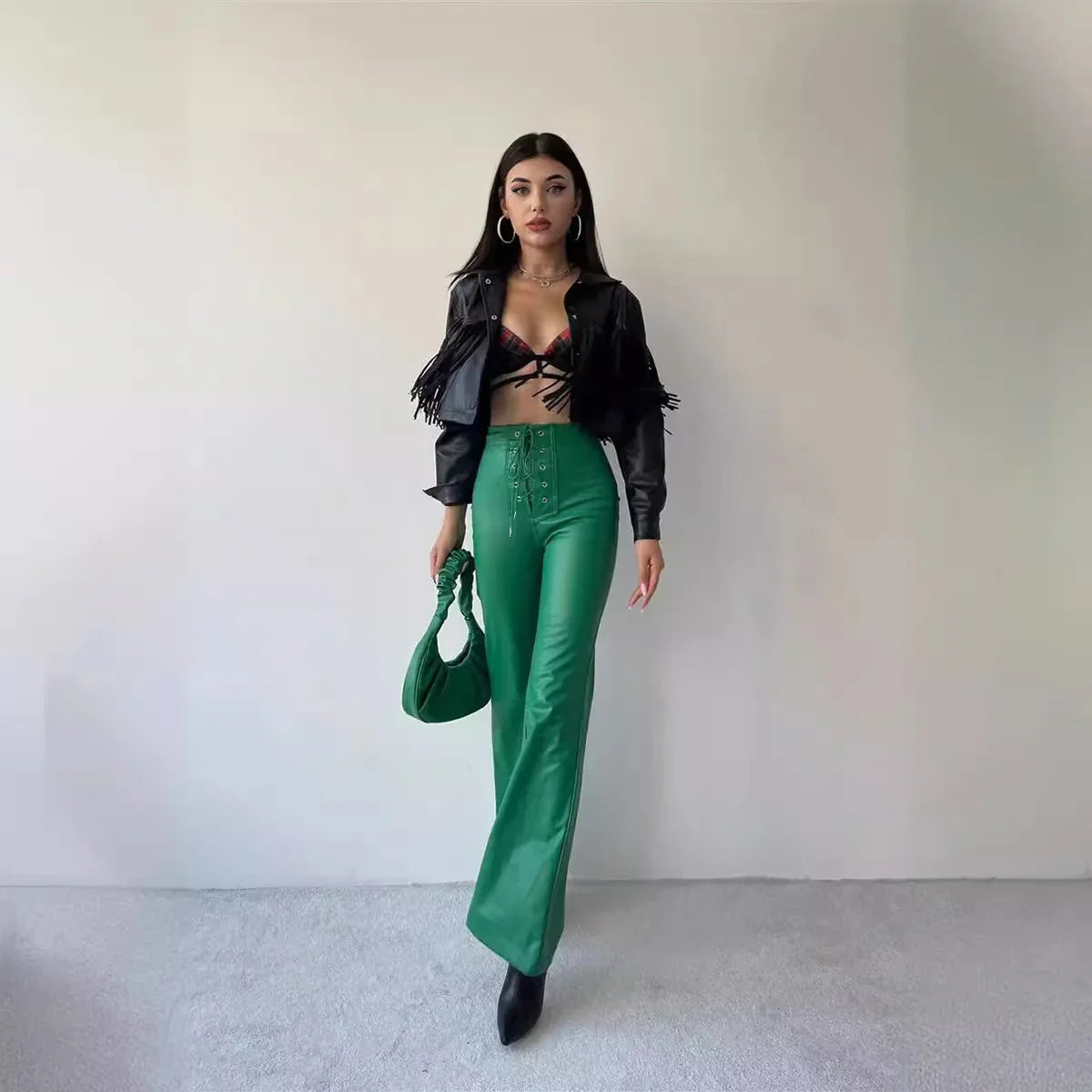 Women's Leather High Waist Stretch Metal Hole Lace-up Pants - Gizmo Galaxy