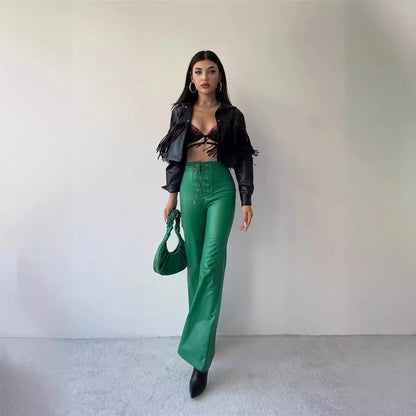 Women's Leather High Waist Stretch Metal Hole Lace-up Pants - Gizmo Galaxy