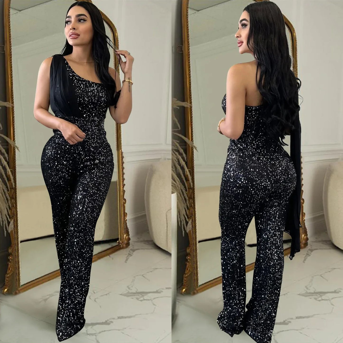 Women's Solid Color Sleeveless One-shoulder Sequined Trousers Jumpsuit - Gizmo Galaxy
