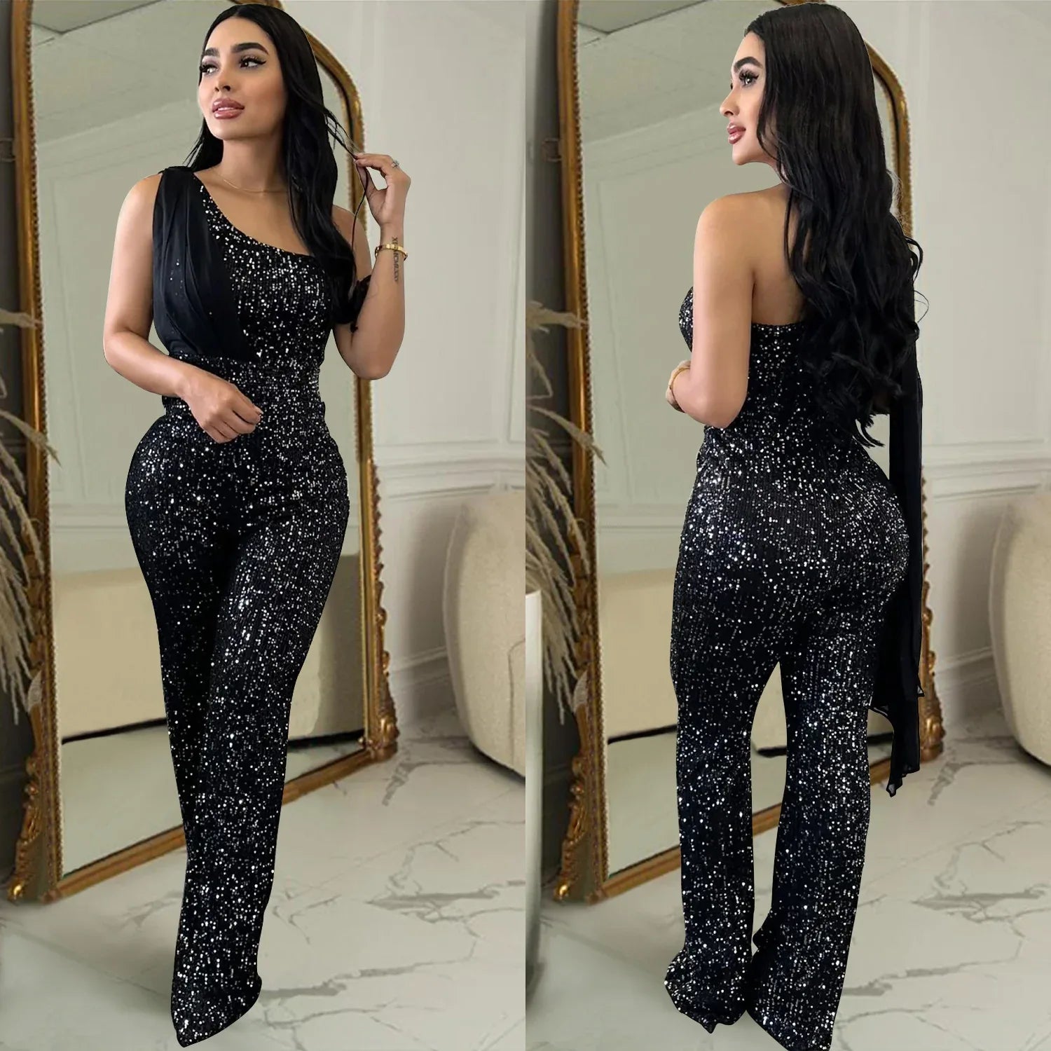 Women's Solid Color Sleeveless One-shoulder Sequined Trousers Jumpsuit - Gizmo Galaxy