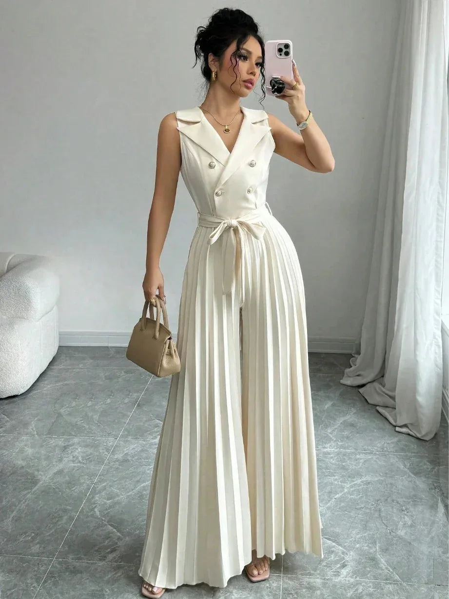 Suit Collar Bow Tie Belted Waist Pleated Jumpsuit - Gizmo Galaxy