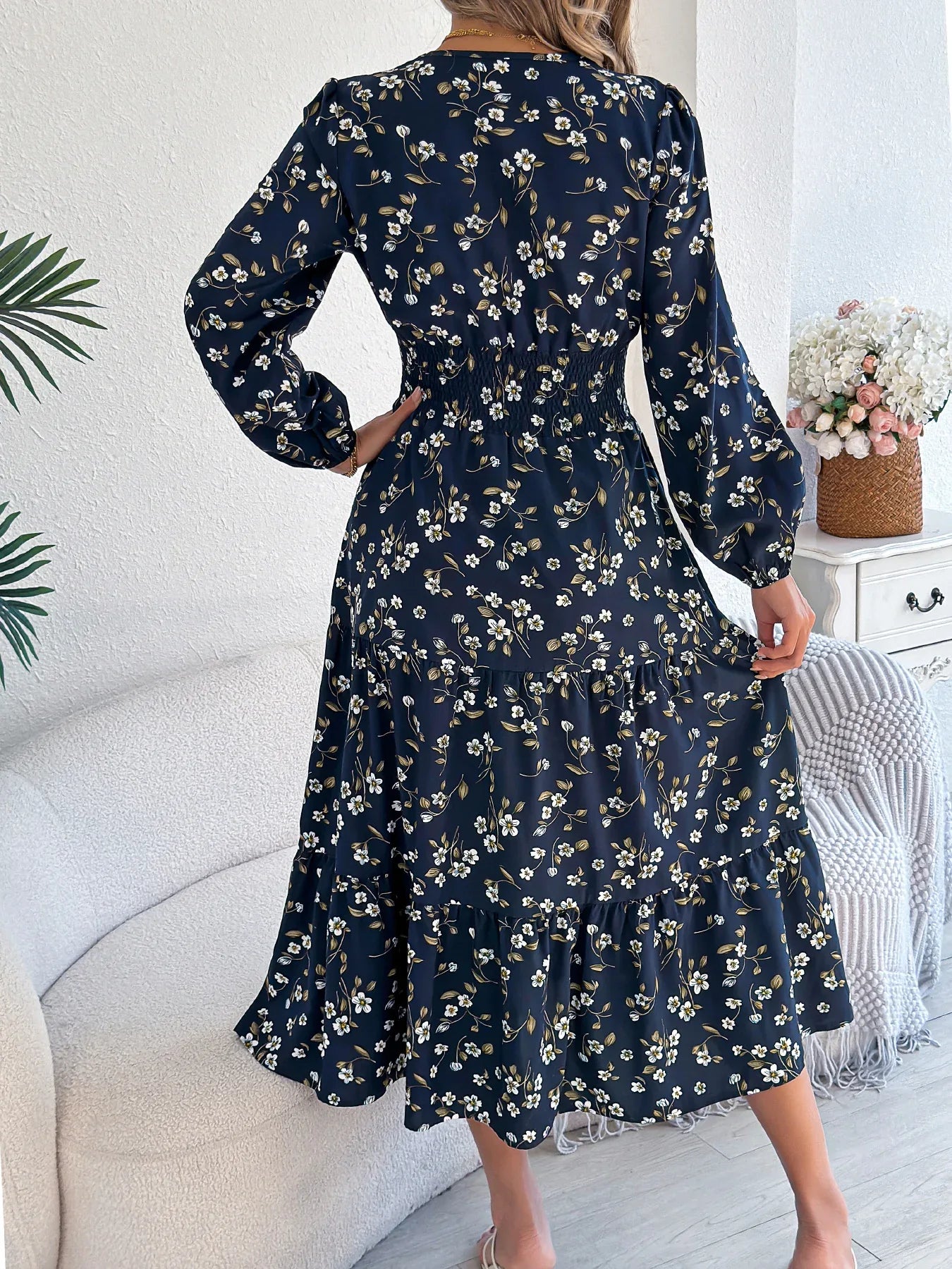 Women's Elegant Floral V-Neck Long Sleeve Waist-Defined Hem Ruffle A-Line Dress - Gizmo Galaxy