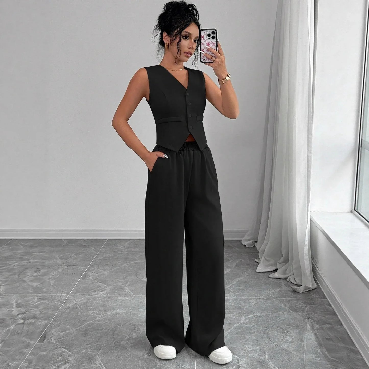 Elegant Button-front Sleeveless Vest And Trousers Set - Gizmo Galaxy