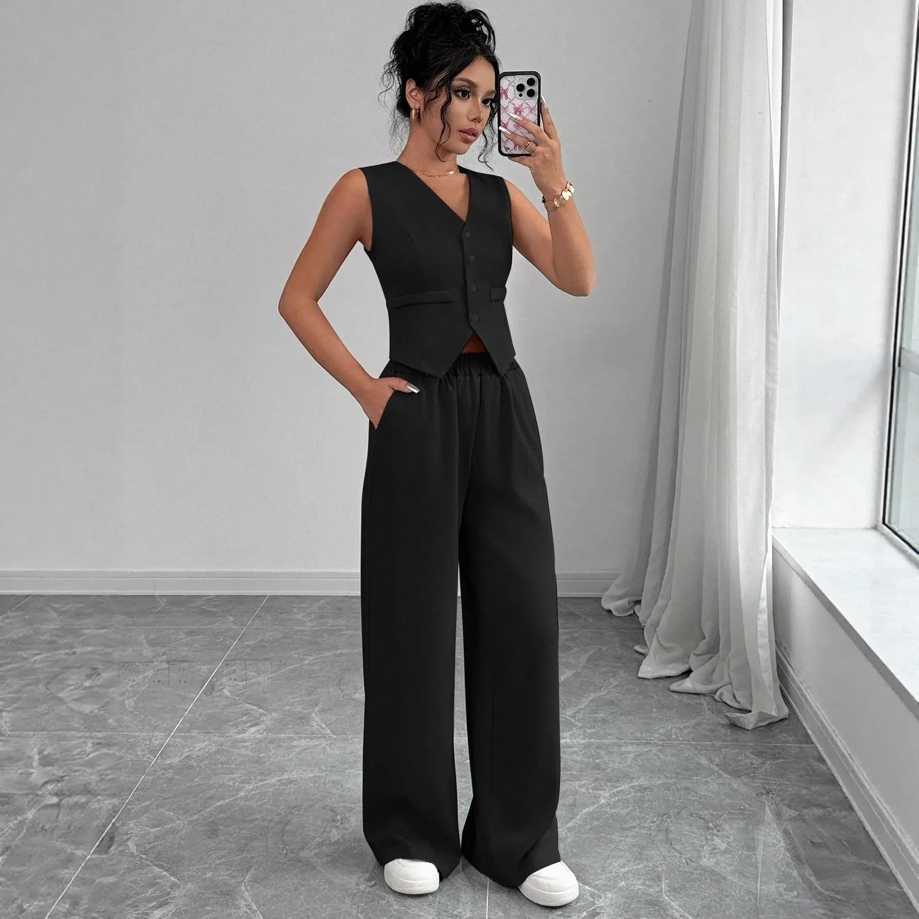Elegant Button-front Sleeveless Vest And Trousers Set - Gizmo Galaxy