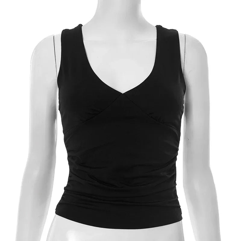European And American Solid Color And V-neck Pleated Sexy Vest Top For Women - Gizmo Galaxy