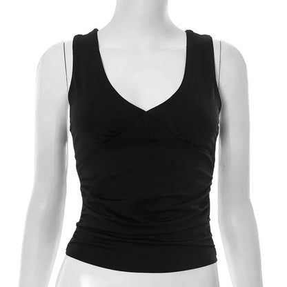 European And American Solid Color And V-neck Pleated Sexy Vest Top For Women - Gizmo Galaxy
