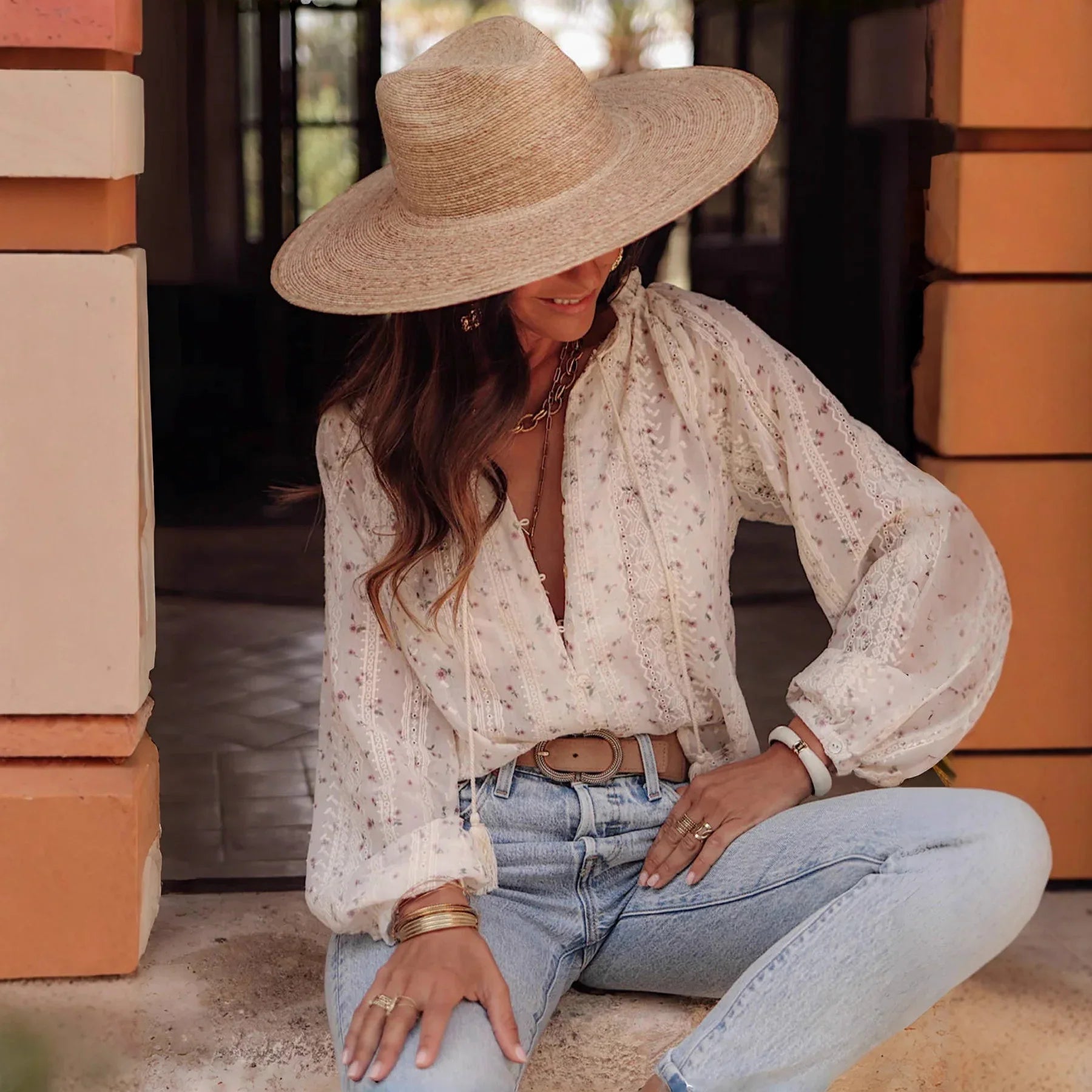 Womens Casual V-Neck Embroidered Shirt With Drawstring Trim - Gizmo Galaxy