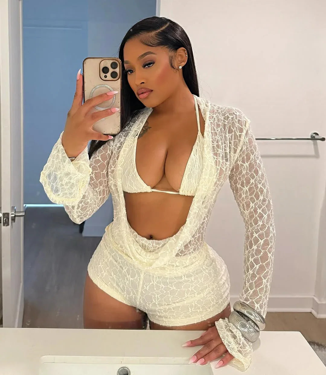 Women's Lace Hollow-out Halter Neck Camisole And Slim-fit Shorts Three-piece Set - Gizmo Galaxy