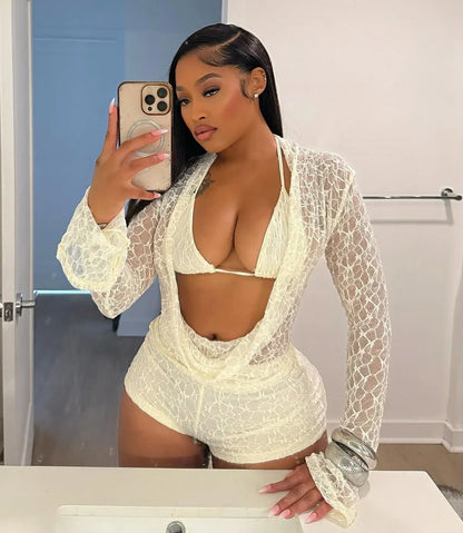 Women's Lace Hollow-out Halter Neck Camisole And Slim-fit Shorts Three-piece Set - Gizmo Galaxy