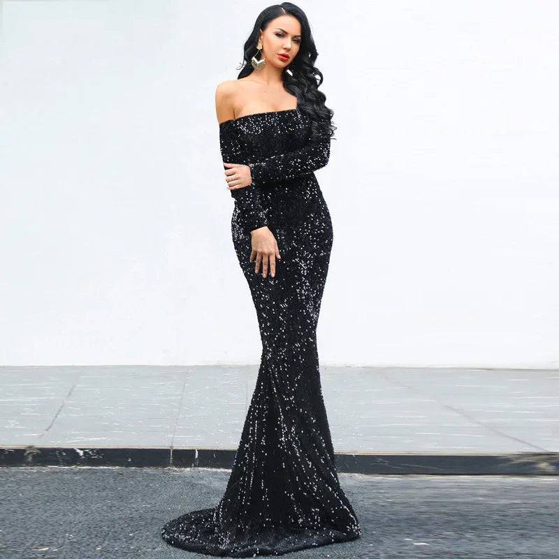 Sexy Strapless Long Sleeve Sequins Party Evening Dress - Gizmo Galaxy