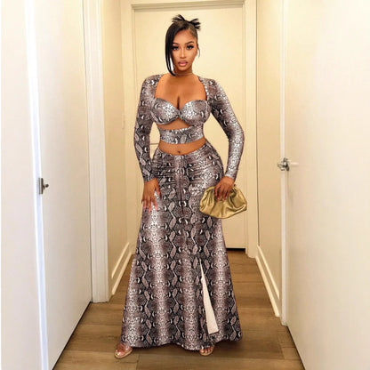 Fashionable And Sexy Printed Snake-pattern Long-sleeve Top And Maxi Skirt Set - Gizmo Galaxy