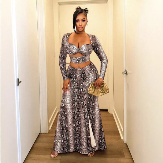 Fashionable And Sexy Printed Snake-pattern Long-sleeve Top And Maxi Skirt Set - Gizmo Galaxy