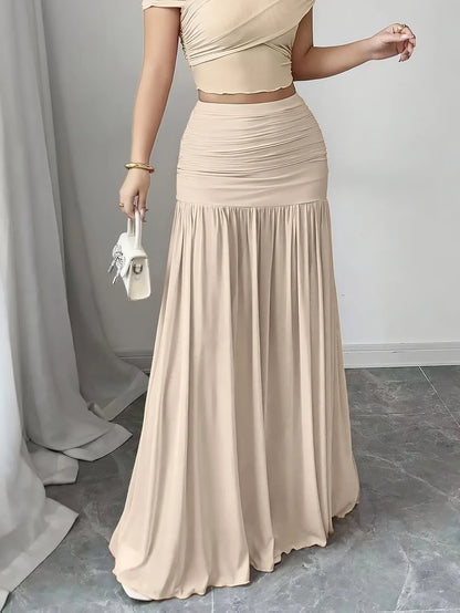 Elegant Solid Color Pleated Long Skirt For Women - Gizmo Galaxy