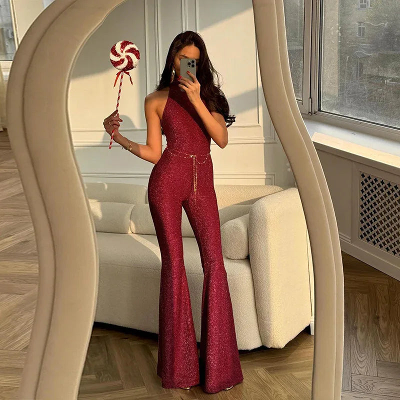 Shining Fashion Round Neck Sleeveless Flared High Waist Slimming Jumpsuit - Gizmo Galaxy