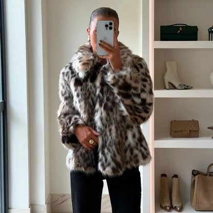 Leopard Print Niche Look Expensive Short Lapel Fur Furry Coat - Gizmo Galaxy