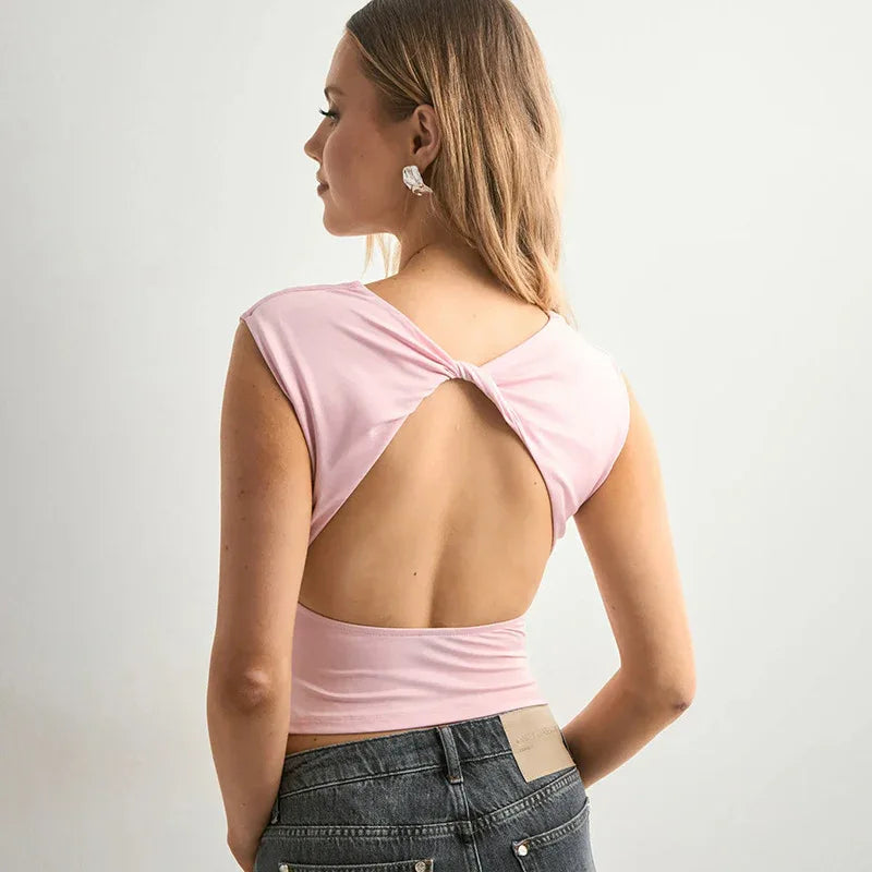 European And American Solid Color Off-neck Backless Slim Fit T-shirt Top - Gizmo Galaxy