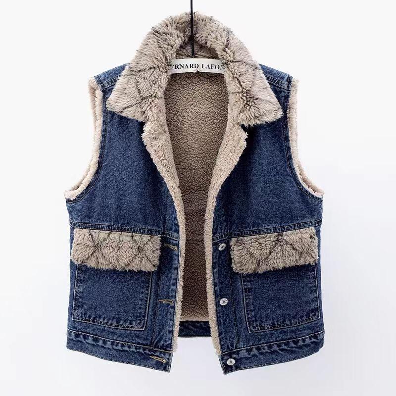 Lamb Wool Denim Cotton-padded Waistcoat Women - Gizmo Galaxy