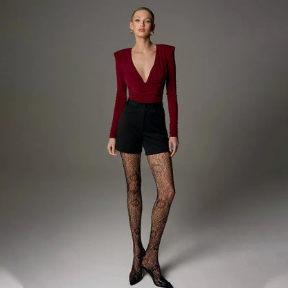 Solid Color High-end Deep V Long-sleeve Padded Shoulder High-elastic Skin-tight Slimming Bodysuit - Gizmo Galaxy