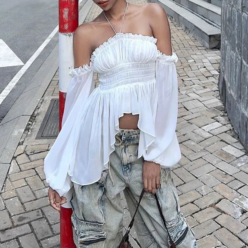 Off-shoulder Pleated Ruffled Slim Fit Lantern Long Sleeve Halter Top Women - Gizmo Galaxy