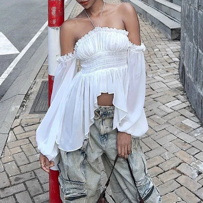 Off-shoulder Pleated Ruffled Slim Fit Lantern Long Sleeve Halter Top Women - Gizmo Galaxy