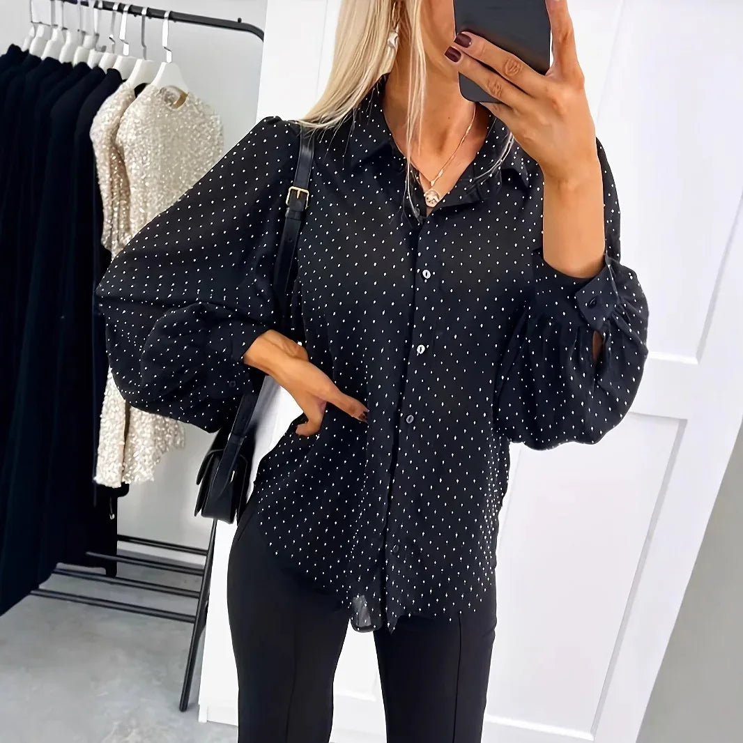 Women's Casual Loose-Fitting Long-Sleeve Polka-Dot Shirt - Gizmo Galaxy