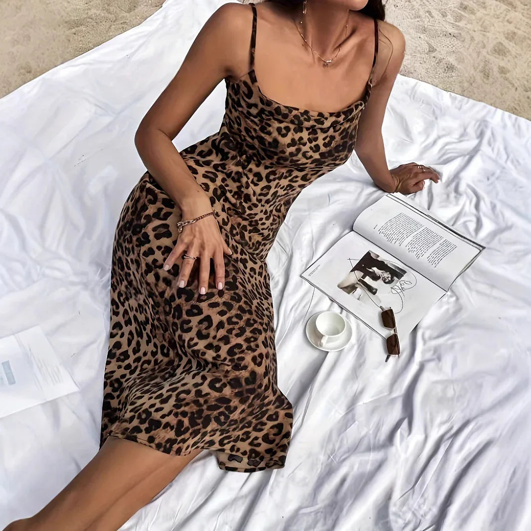 Women's Animal-print Sleeveless Backless Lace-up Silk-satin Dress - Gizmo Galaxy