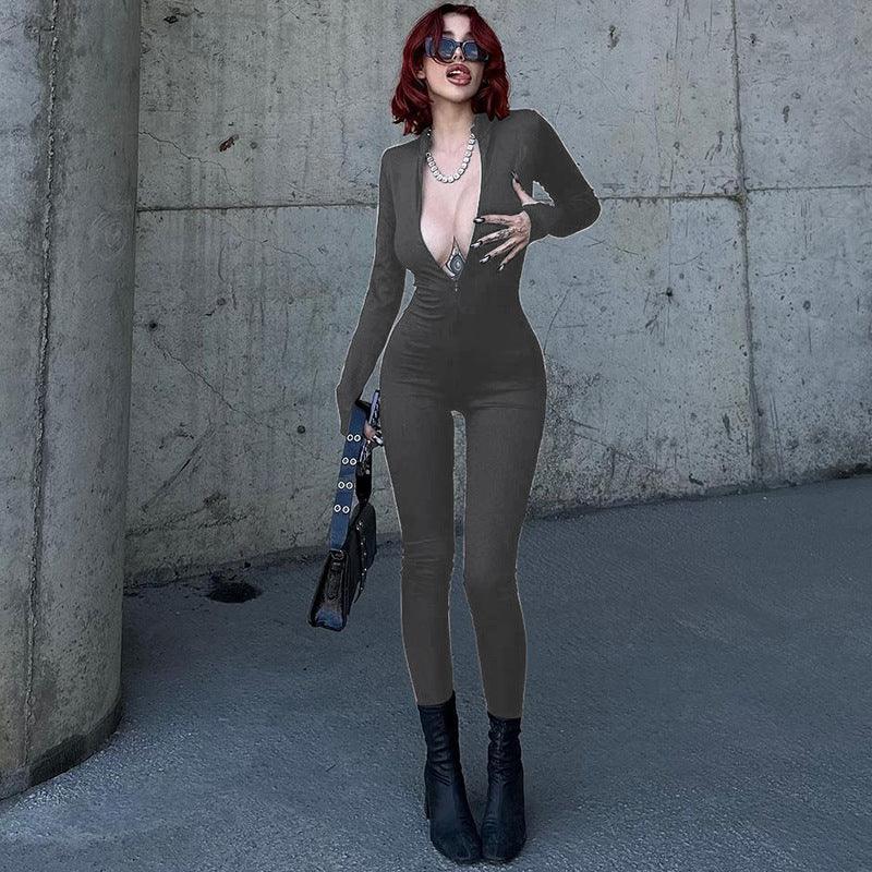 Women's Fashion Personality Chest Zipper Slim-fit Long-sleeved Stretch Bottoming Jumpsuit - Gizmo Galaxy