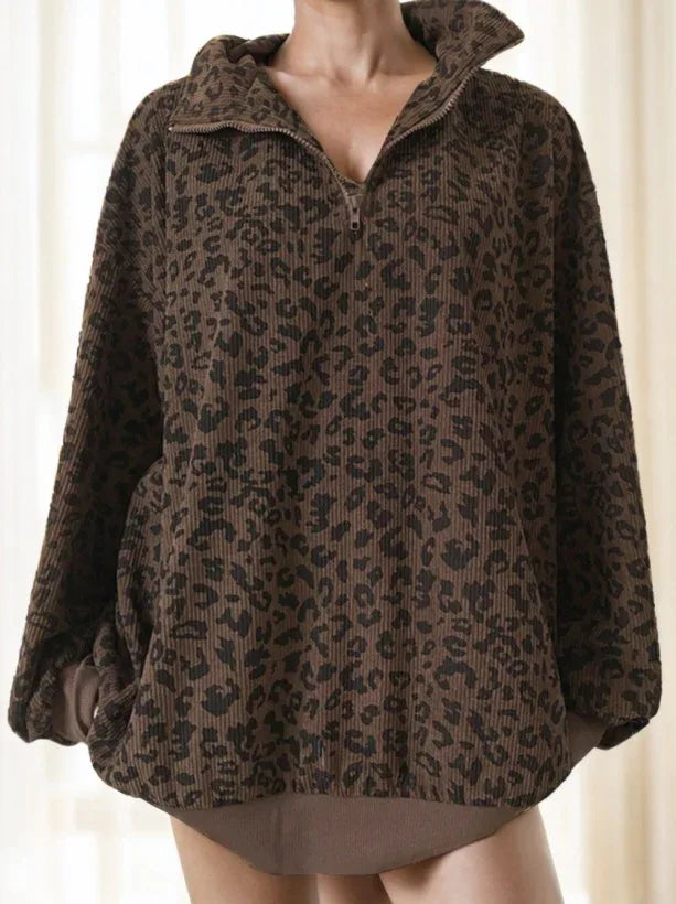 Women Casual Zip Up Front Long Sleeve Leopard Print Sweatshirt - Gizmo Galaxy
