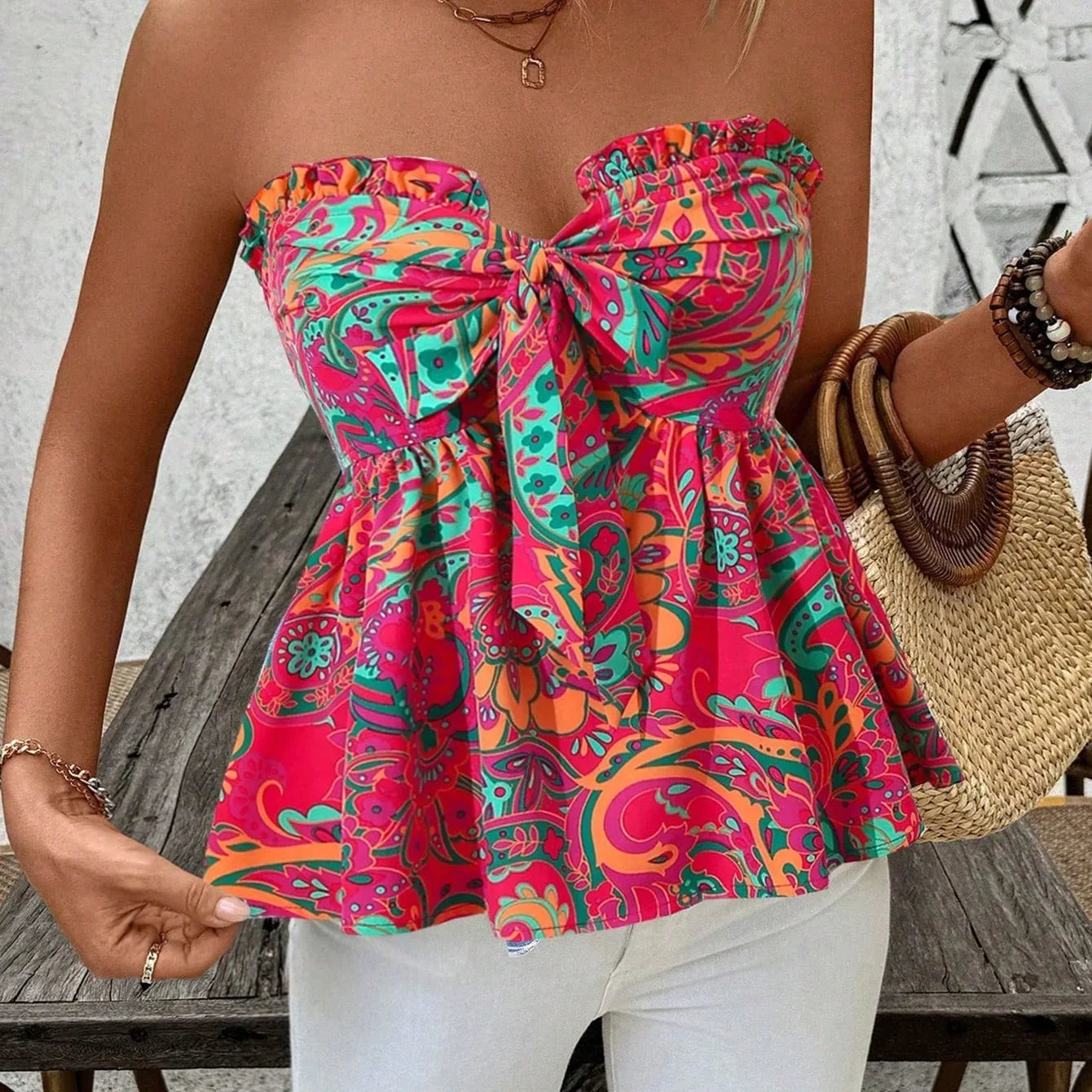 Strapless Cinched Waist Ruffle Hem Floral Printed Vacation Top - Gizmo Galaxy