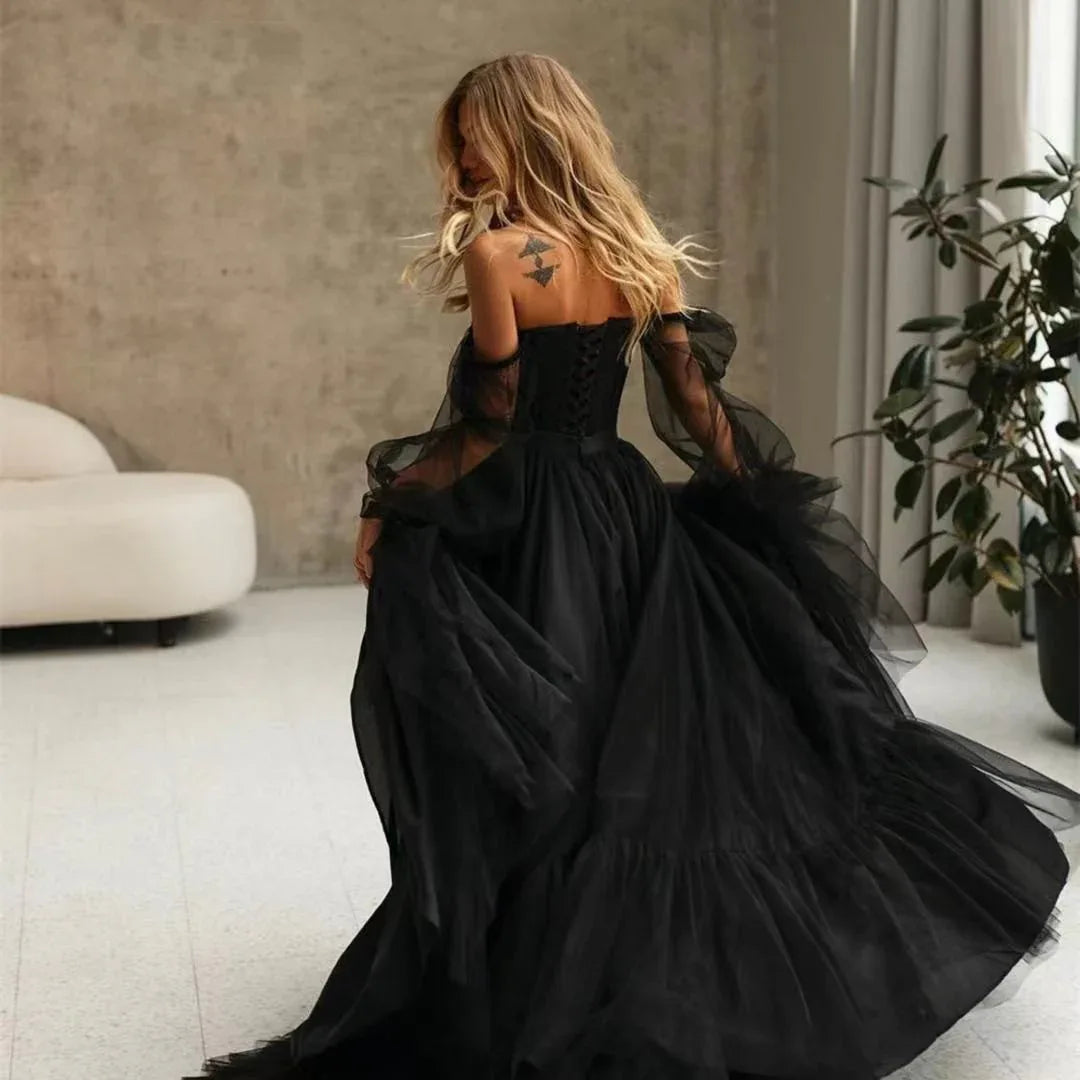 Women's Long Sleeve Transparent Lace Black Wedding Dress - Gizmo Galaxy