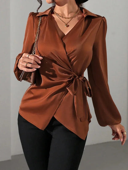 Women's Solid-color Designer-style Long-sleeve Satin Shirt - Gizmo Galaxy