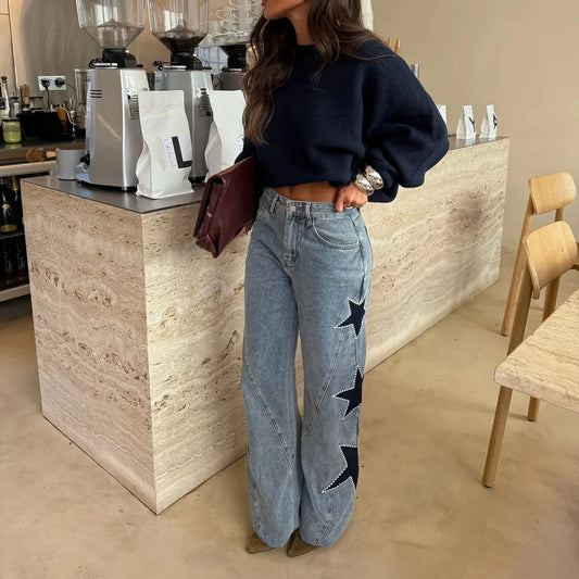 Fashion Casual Five-pointed Star Loose Straight Leg Denim Pants - Gizmo Galaxy